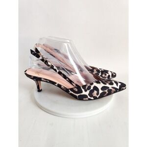 J.Crew Slingback Heels 8 Kitten Sophia Leopard Satin Pointed Toe Animal Print